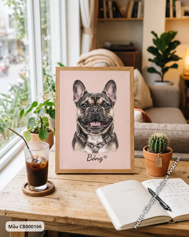 Chó Bull Pháp đeo vòng cổ, tranh pastel · ảnh thực tế