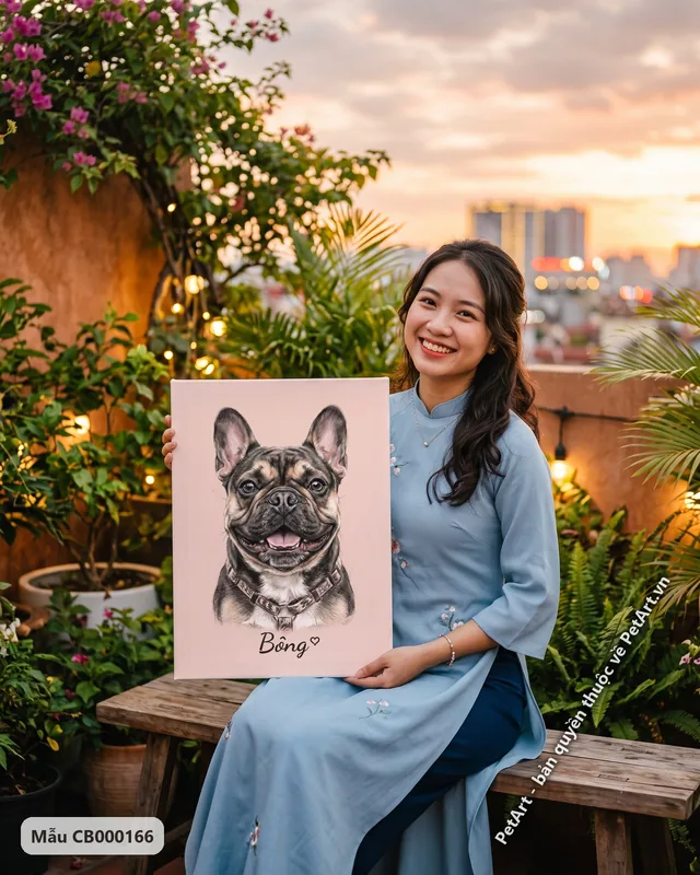 Chó Bull Pháp đeo vòng cổ, tranh pastel · góc khác