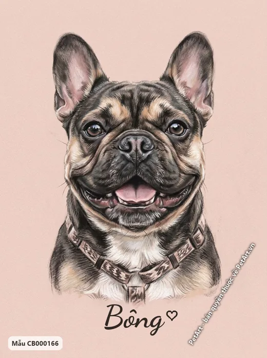 Chó Bull Pháp đeo vòng cổ, tranh pastel · ảnh tranh