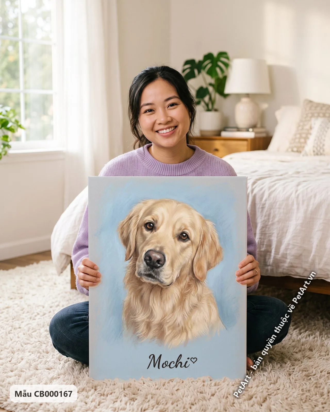 Ảnh thực tế: Chân dung chó Golden Retriever lông vàng óng, đầu hơi nghiêng, ánh mắt hiền lành trên nền xanh dương pastel.
