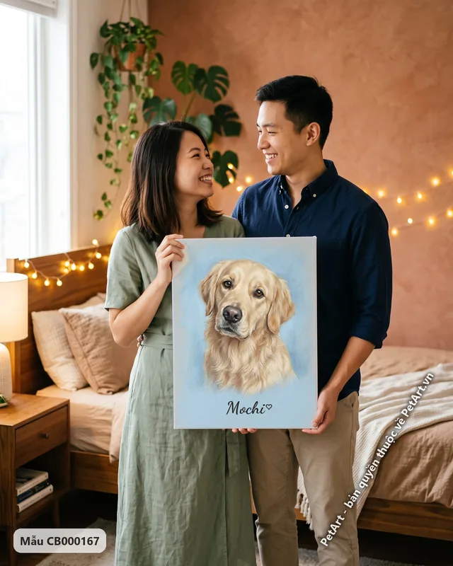 Chó Golden đầu nghiêng, tranh pastel mềm mại · ảnh thực tế