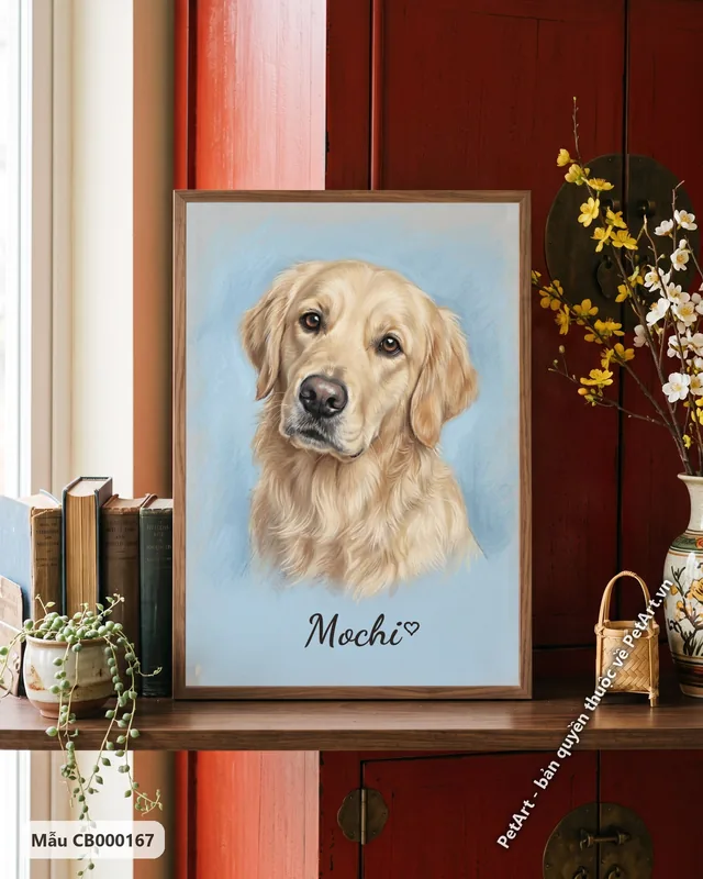 Chó Golden đầu nghiêng, tranh pastel mềm mại · góc khác