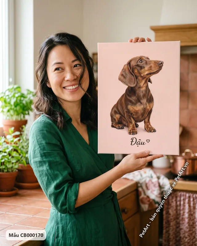 Chó Lạp xưởng nâu ngồi, tranh pastel mềm mại · góc khác