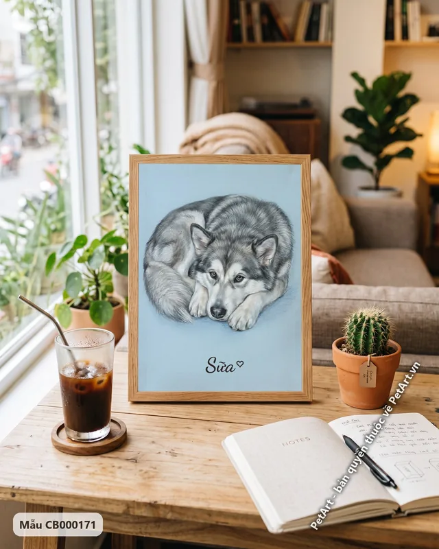 Chó Alaska cuộn tròn, tranh pastel mềm mại · góc khác