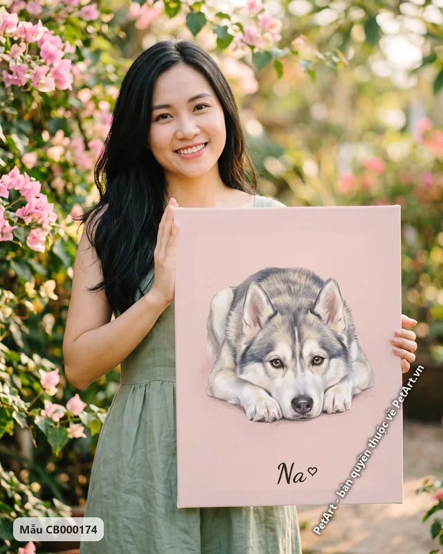 Chó Husky nằm nghỉ, tranh pastel mềm mại · góc khác