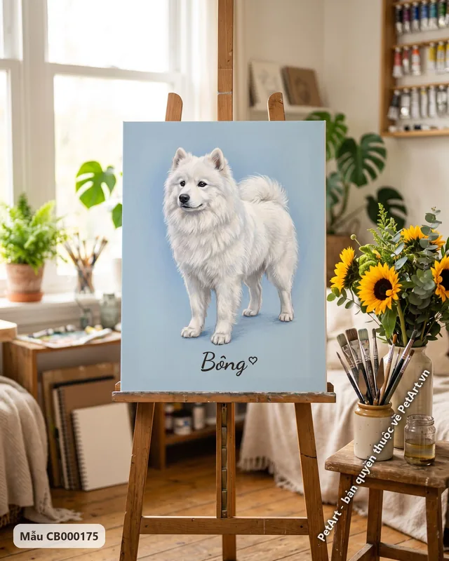 Chó Samoyed trắng đứng, tranh pastel mềm mại · góc khác