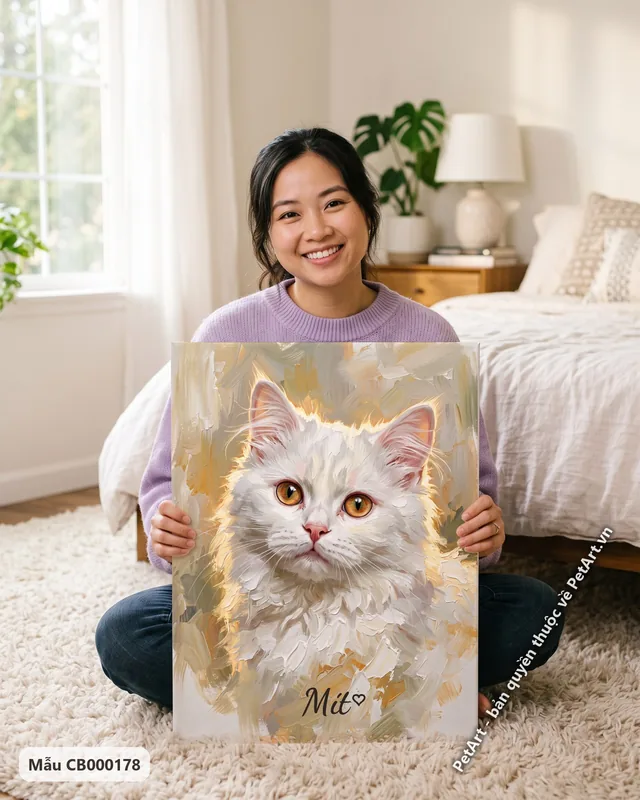 Mèo Ba Tư trắng, mắt vàng, tranh sơn dầu · góc khác