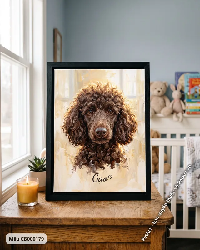 Chó Poodle nâu, lông xoăn, tranh sơn dầu · góc khác