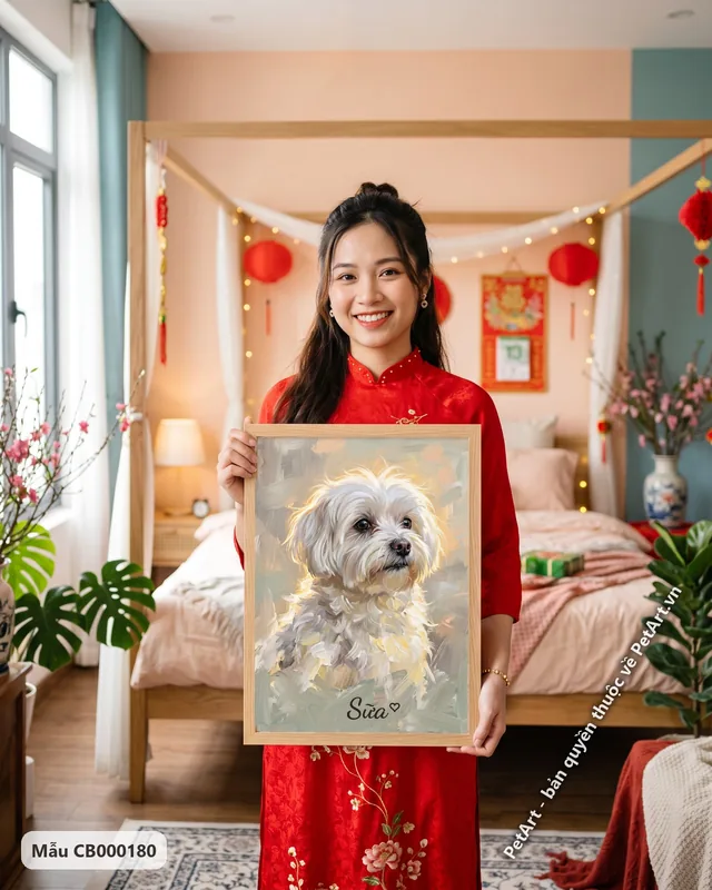 Chó Maltese trắng, tư thế nghiêng, tranh sơn dầu · góc khác