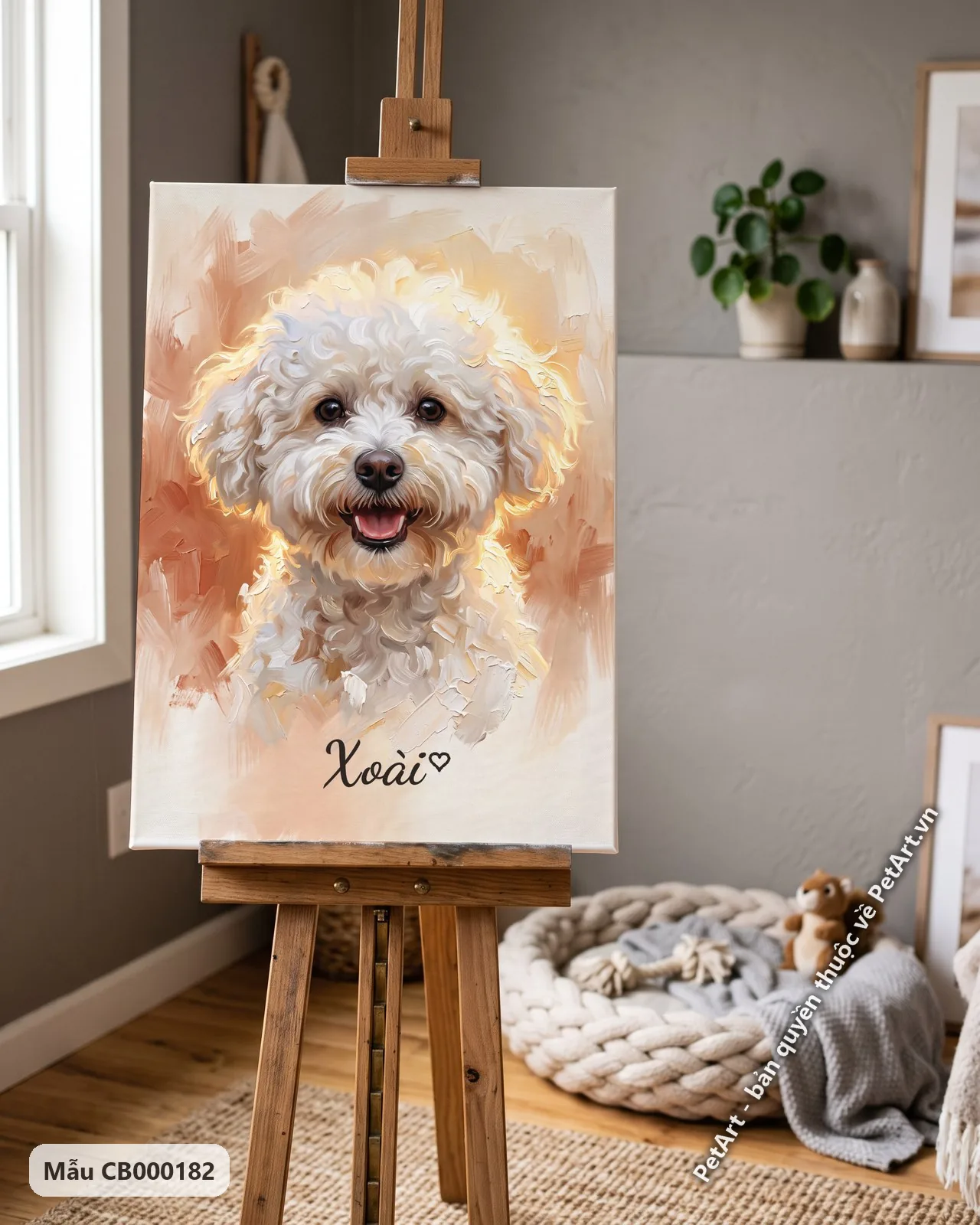 Ảnh thực tế: Chân dung chó Bichon lông trắng xù, miệng cười tươi tắn, được vẽ theo phong cách sơn dầu bán thực với nền màu cam nhạt.