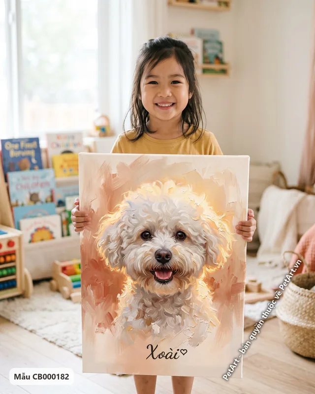 Chó Bichon trắng, mặt cười, tranh sơn dầu · góc khác