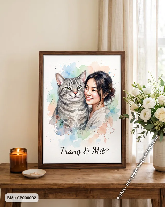 Tranh chủ và thú cưng · mèo mướp xám