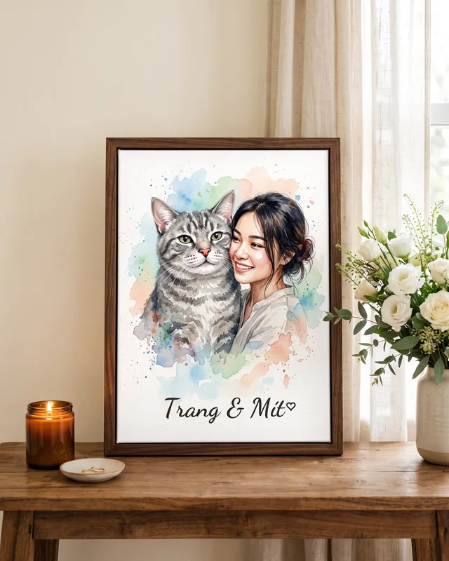 Tranh chủ và thú cưng · mèo mướp xám