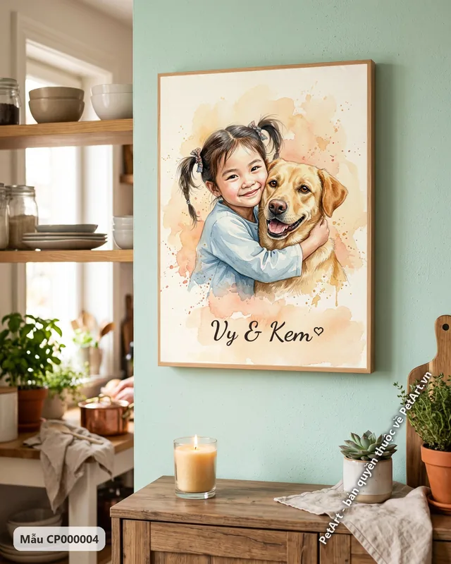 Bé gái ôm chó Labrador vàng, phong cách màu nước · ảnh thực tế