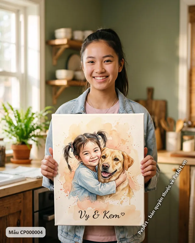 Bé gái ôm chó Labrador vàng, phong cách màu nước · góc khác