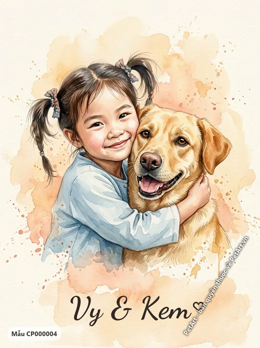Bé gái ôm chó Labrador vàng, phong cách màu nước · ảnh tranh