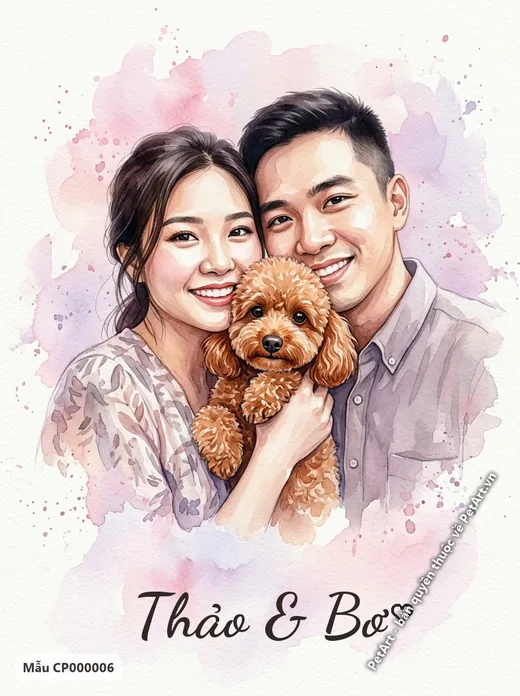 Cặp đôi ôm chó Poodle nâu, phong cách màu nước · ảnh tranh