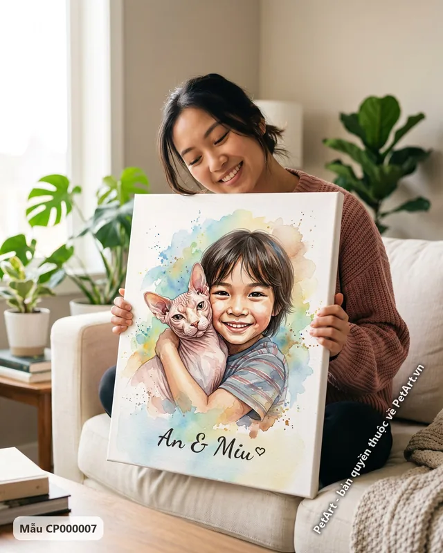 Bé trai ôm mèo không lông, tranh màu nước · ảnh thực tế