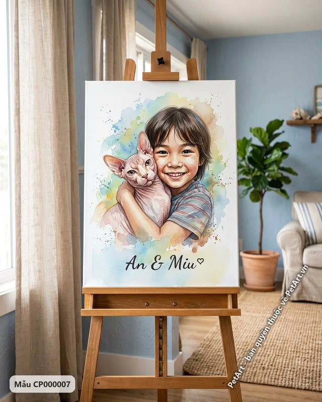 Bé trai ôm mèo không lông, tranh màu nước · góc khác