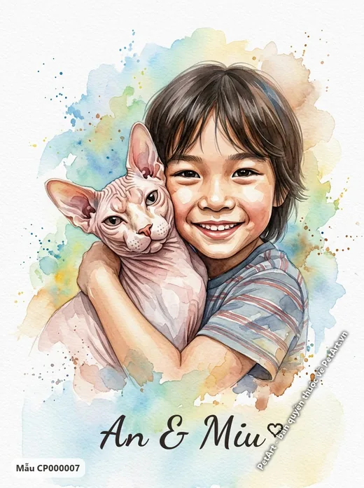 Bé trai ôm mèo không lông, tranh màu nước · ảnh tranh