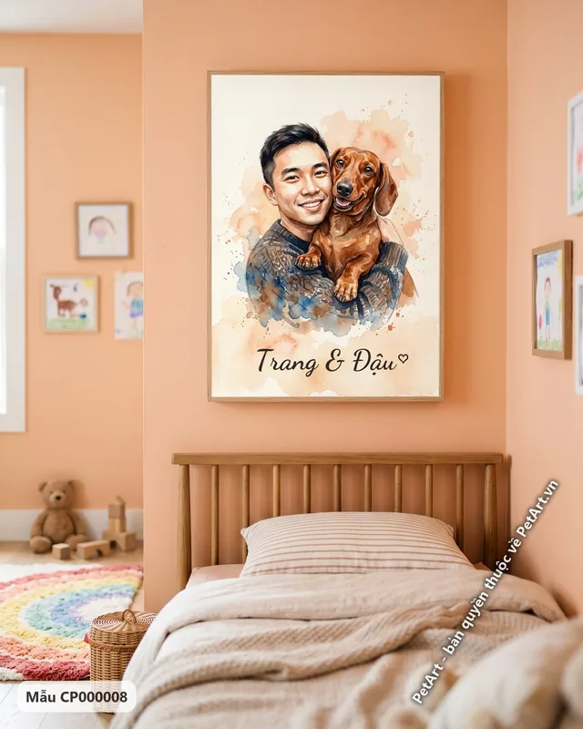 Chàng trai ôm chó Lạp xưởng, tranh màu nước · ảnh thực tế