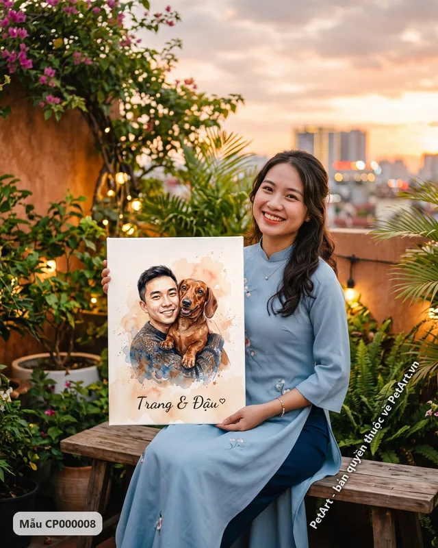 Chàng trai ôm chó Lạp xưởng, tranh màu nước · góc khác