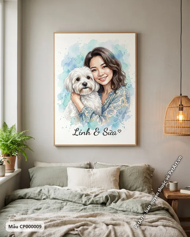 Cô gái ôm chó Maltese trắng, tranh màu nước · góc khác