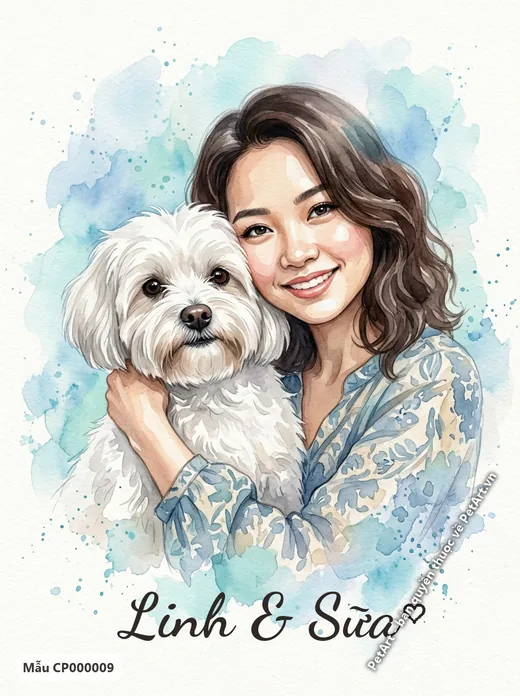 Cô gái ôm chó Maltese trắng, tranh màu nước · ảnh tranh