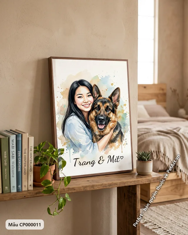 Cô gái ôm chó Becgie, tranh màu nước · góc khác
