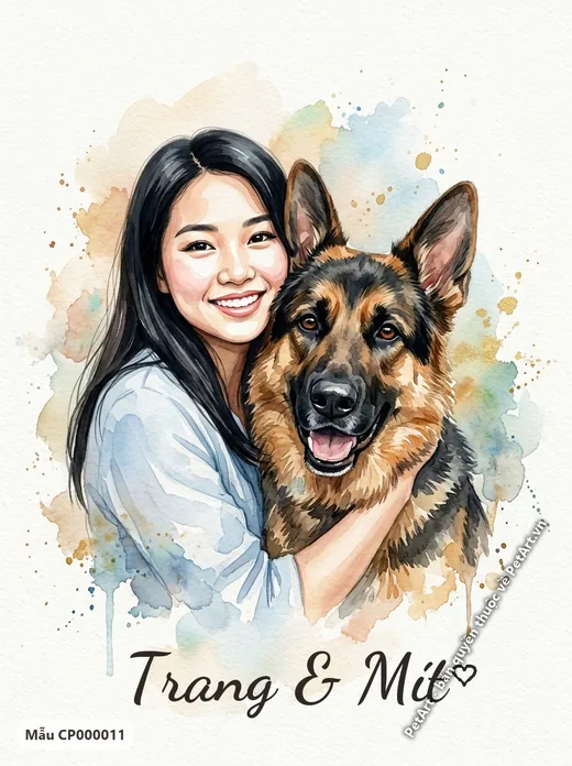 Cô gái ôm chó Becgie, tranh màu nước · ảnh tranh