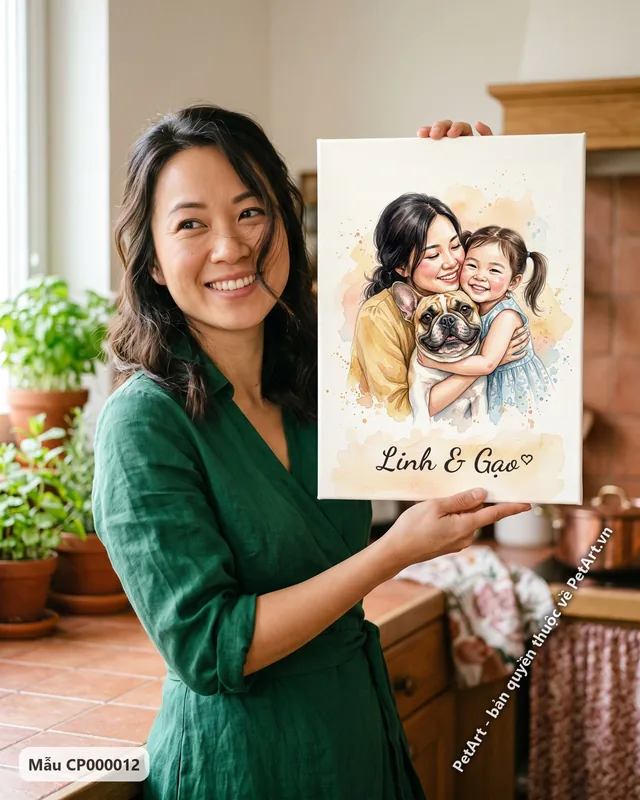 Mẹ và bé ôm chó Bull Pháp, tranh màu nước · góc khác