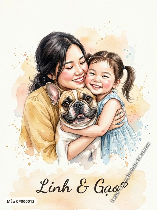 Mẹ và bé ôm chó Bull Pháp, tranh màu nước · ảnh tranh
