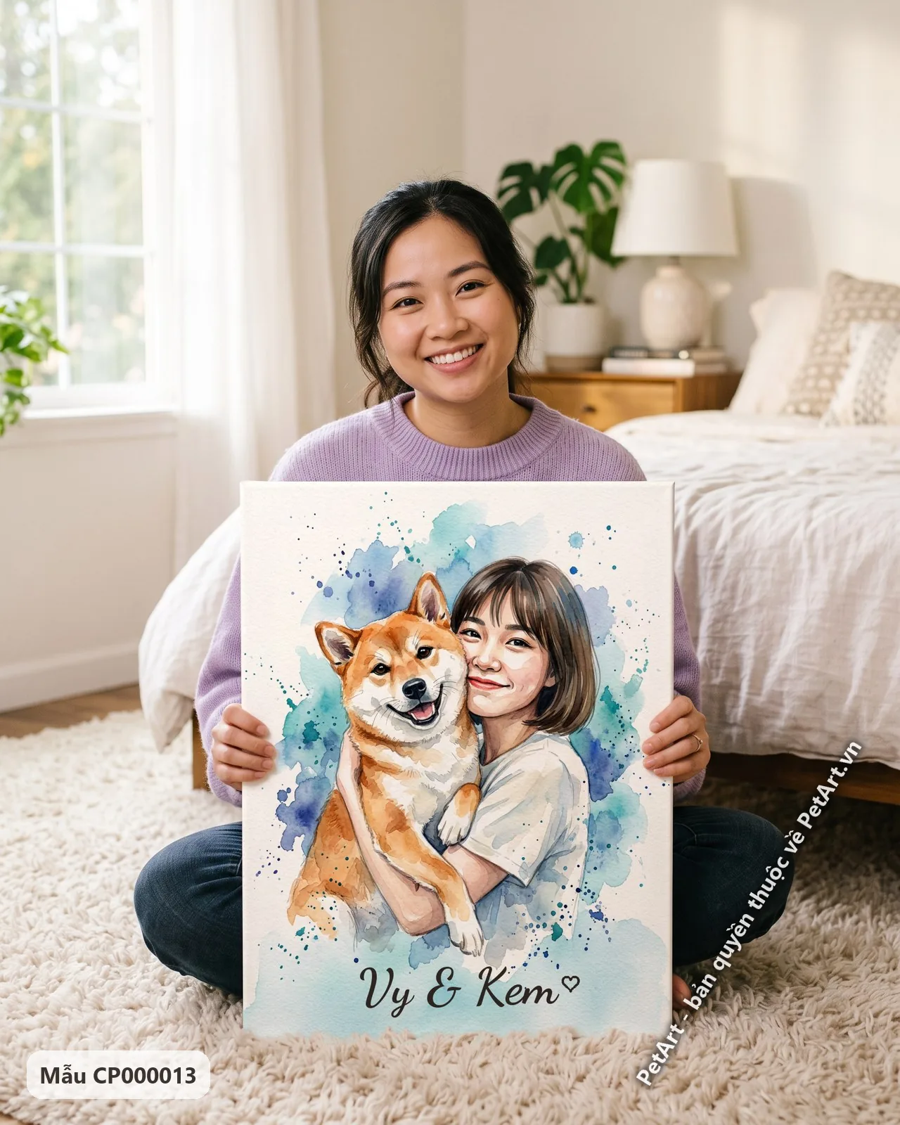 Ảnh thực tế: Tranh màu nước cô gái tóc ngắn mặc áo trắng ôm chó Shiba màu cam, nền loang màu xanh dương.