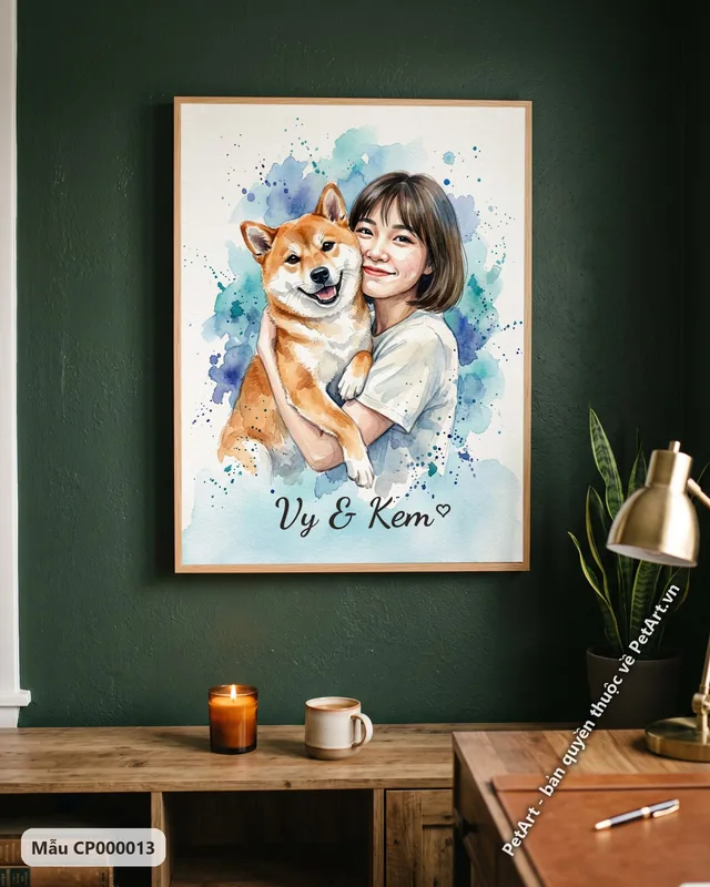 Cô gái ôm chó Shiba, tranh màu nước · góc khác