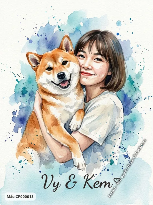 Cô gái ôm chó Shiba, tranh màu nước · ảnh tranh