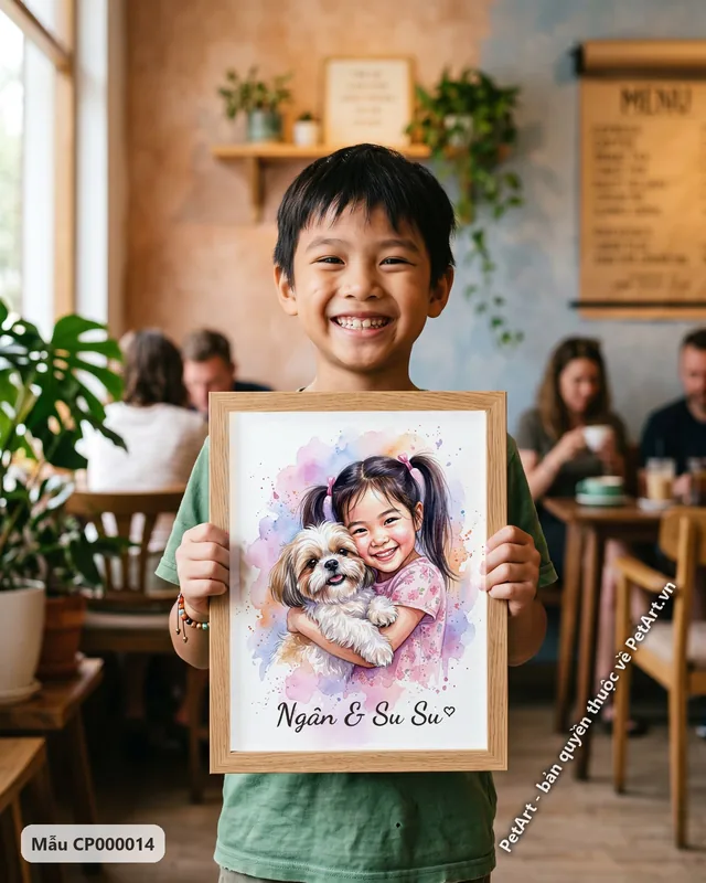 Bé gái ôm chó Shih Tzu, tranh màu nước · góc khác