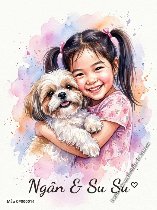 Bé gái ôm chó Shih Tzu, tranh màu nước · ảnh tranh