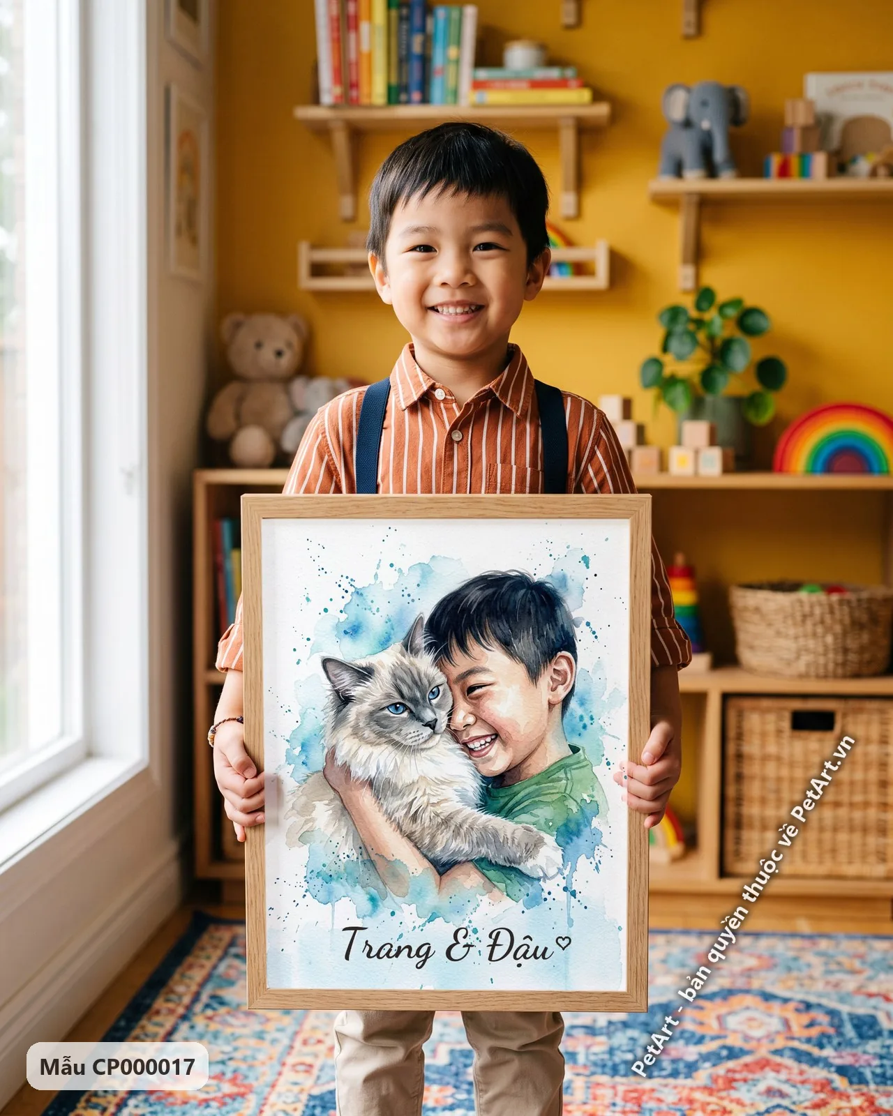 Ảnh thực tế: Tranh màu nước cậu bé châu Á vui vẻ ôm mèo Ragdoll mắt xanh lông dài, nền màu xanh dương loang.