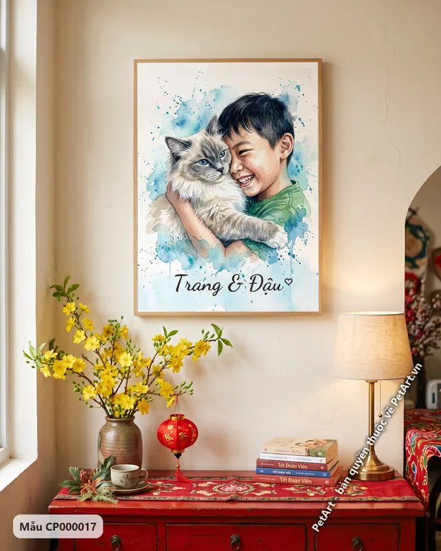 Tranh chủ và thú cưng, bé trai ôm mèo Ragdoll · góc khác