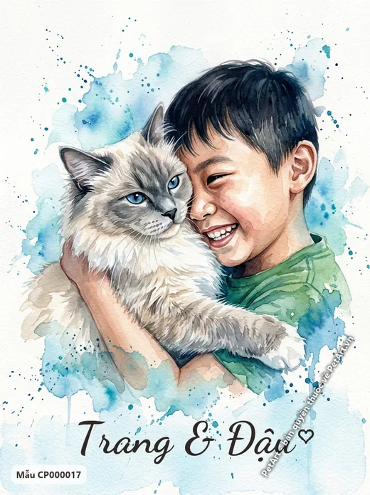 Tranh chủ và thú cưng, bé trai ôm mèo Ragdoll · ảnh tranh