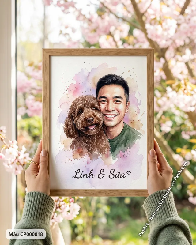 Tranh chủ và thú cưng, chàng trai và chó Poodle nâu · góc khác