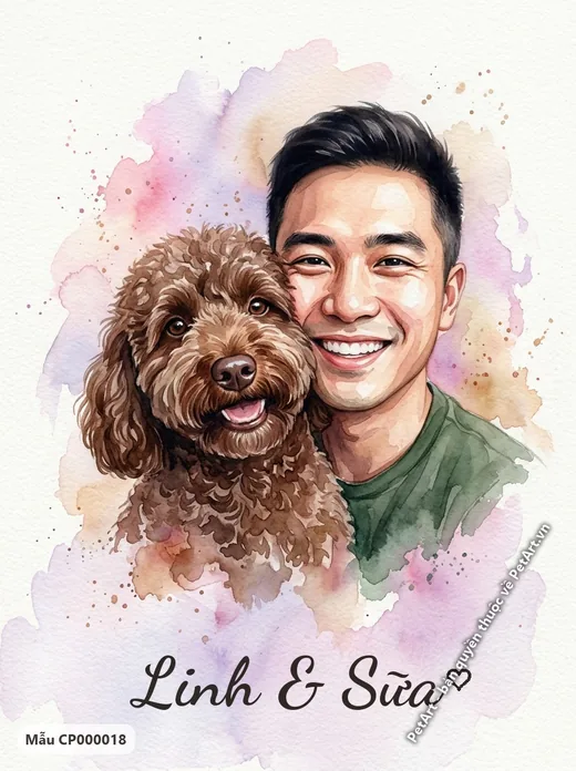 Tranh chủ và thú cưng, chàng trai và chó Poodle nâu · ảnh tranh