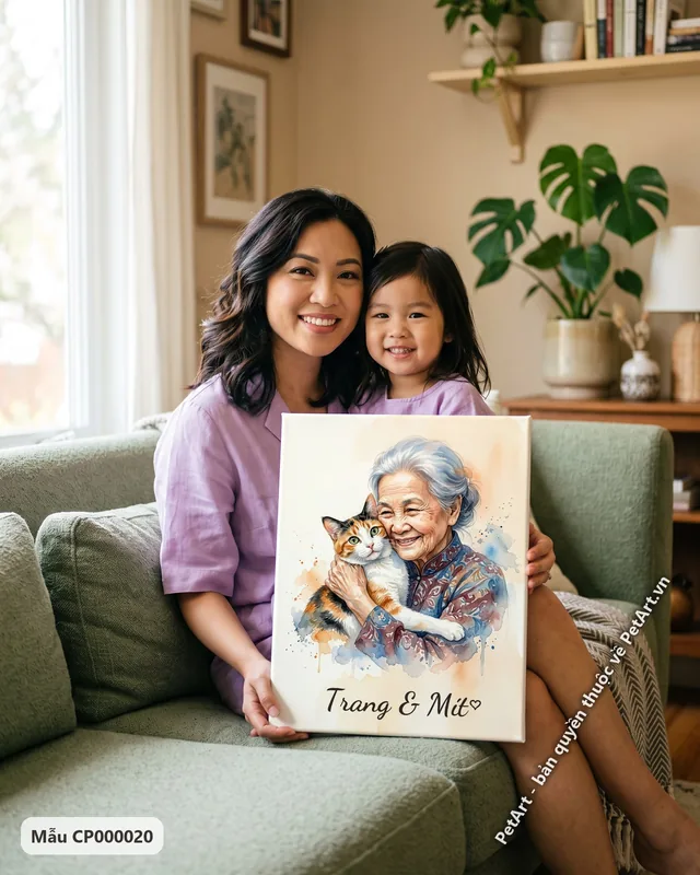 Tranh chủ và thú cưng, bà cụ ôm mèo tam thể · góc khác