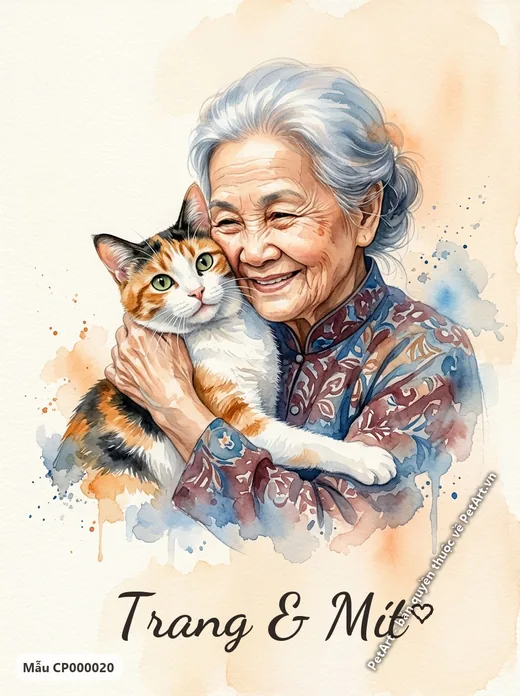 Tranh chủ và thú cưng, bà cụ ôm mèo tam thể · ảnh tranh
