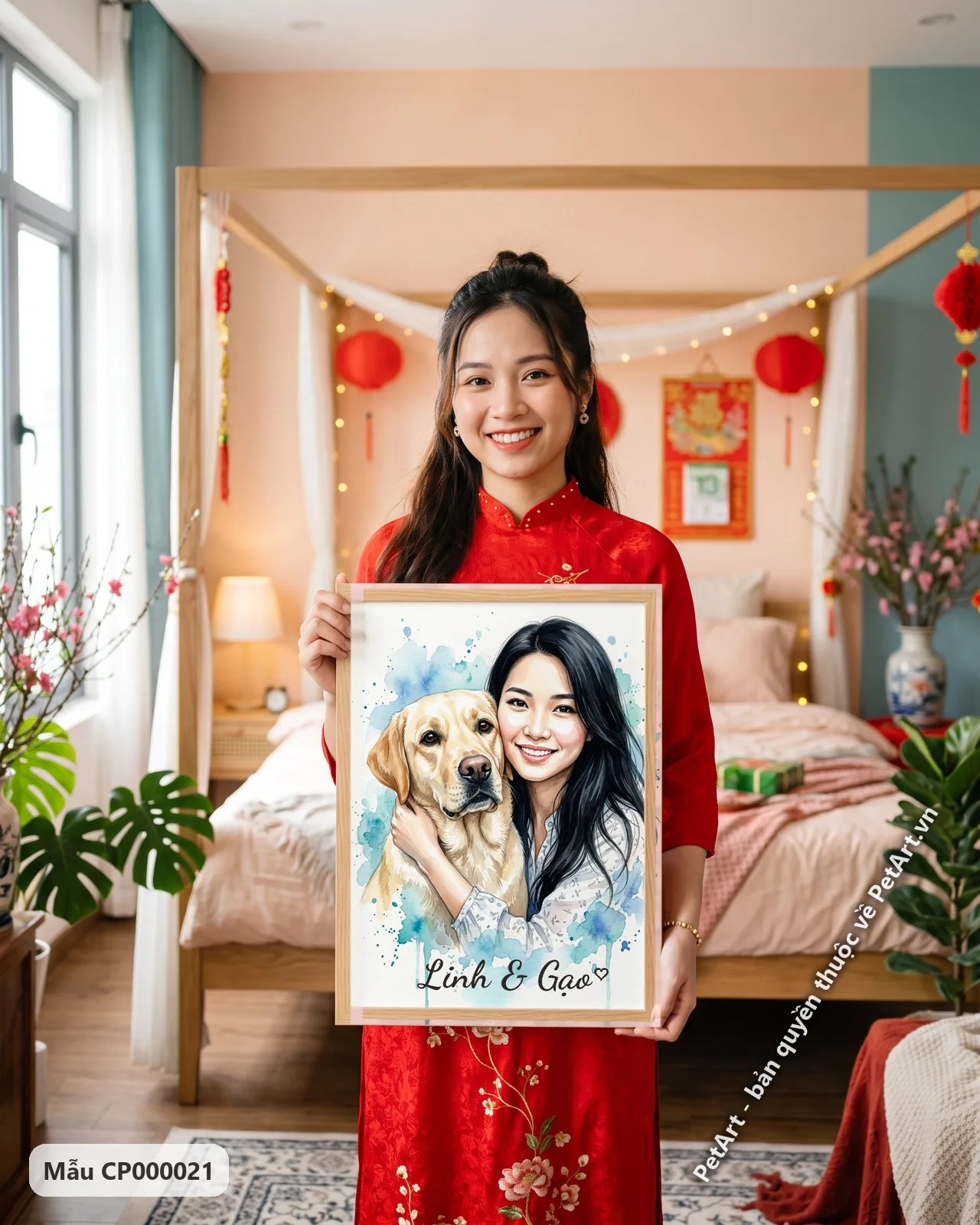 Ảnh thực tế: Tranh màu nước cô gái châu Á tóc dài cười tươi ôm chú chó Labrador vàng, nền màu xanh dương loang.