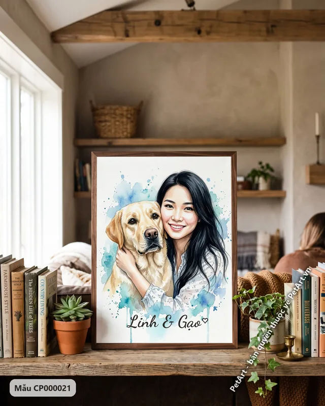 Tranh chủ và thú cưng, cô gái ôm chó Labrador · góc khác