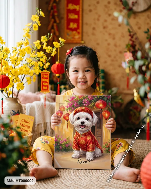 Tranh chó mèo mặc áo dài Việt Nam · Maltese