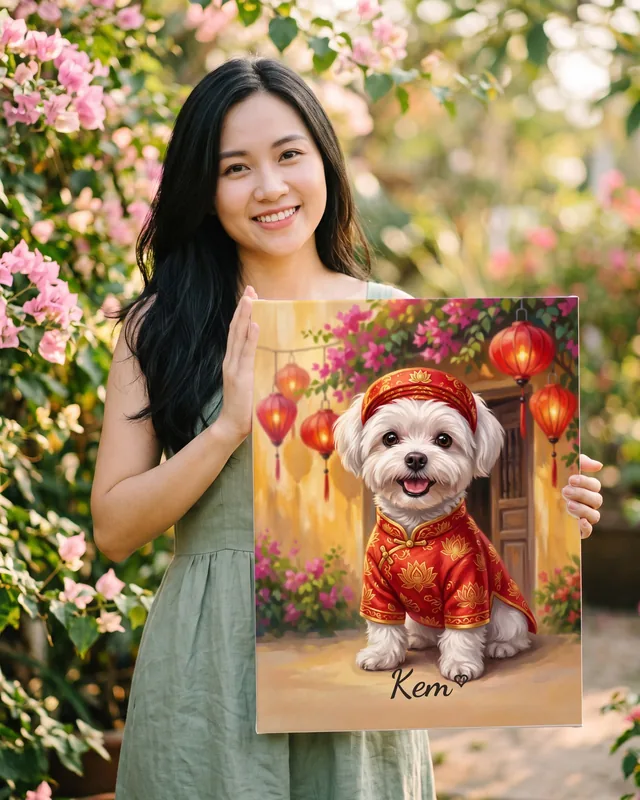 Tranh chó mèo mặc áo dài Việt Nam
