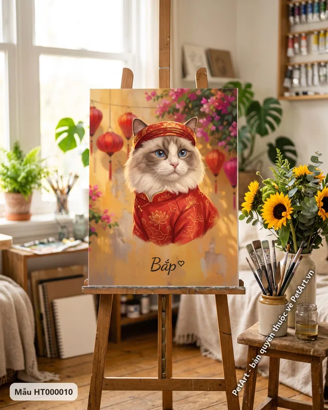 Tranh chó mèo mặc áo dài Việt Nam · mèo Ragdoll