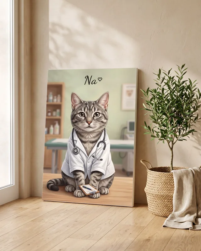 Tranh chó mèo làm bác sĩ, đầu bếp, phi hành gia · mèo mướp xám